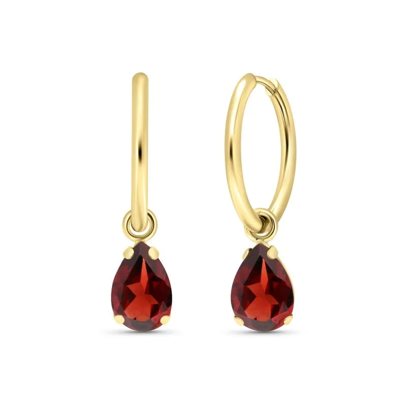 14k Gold Hoop Earrings with Garnet Teardrop Stones