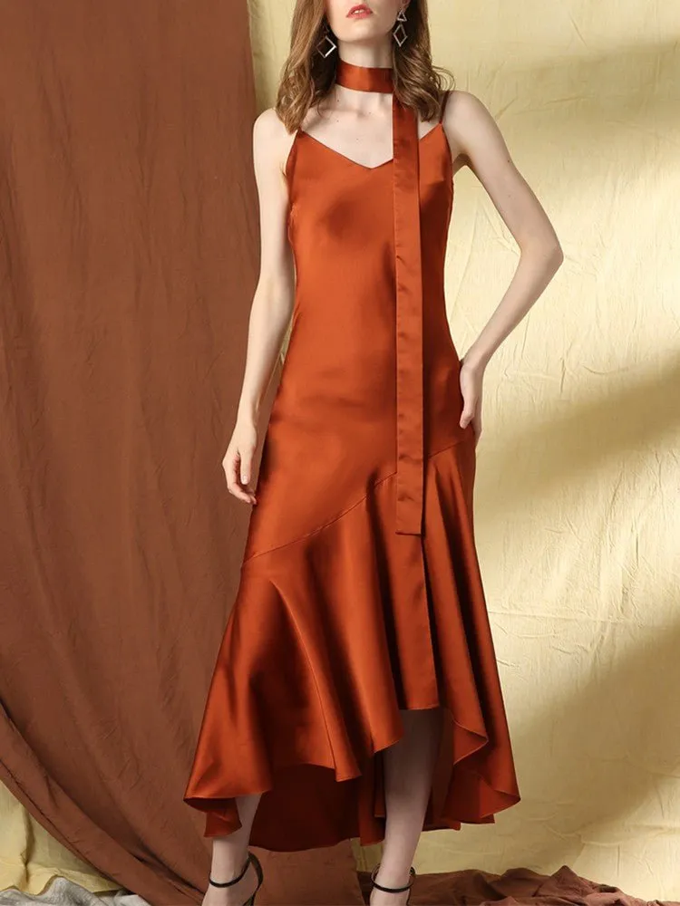 22 Momme Sexy Ruffled Long Silk Dress With High Slit