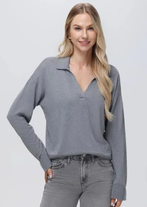 525 America Maddi: V-Neck Collar Pullover- Smoked Grey