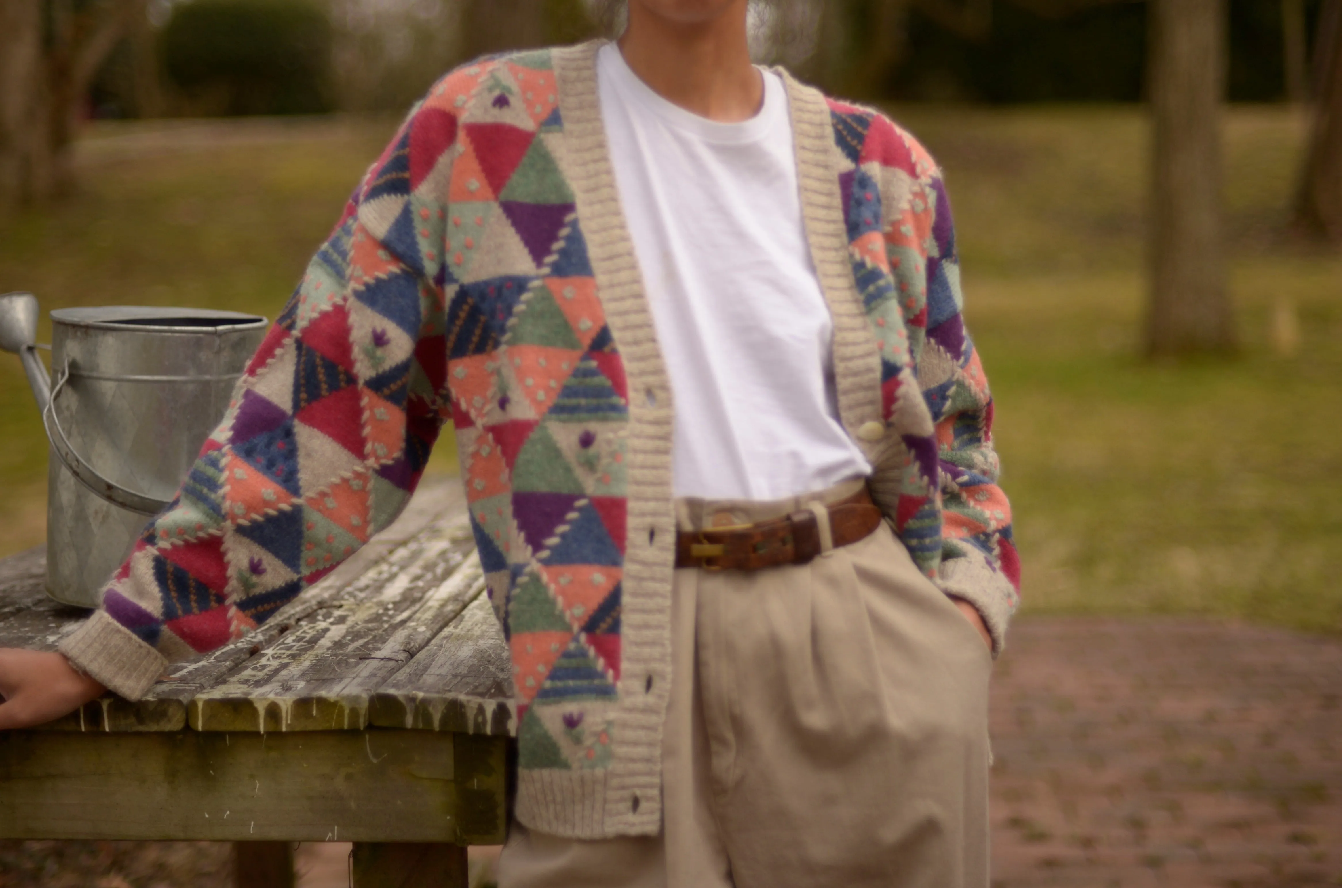 80s wool geometric and floral embroidered cardigan