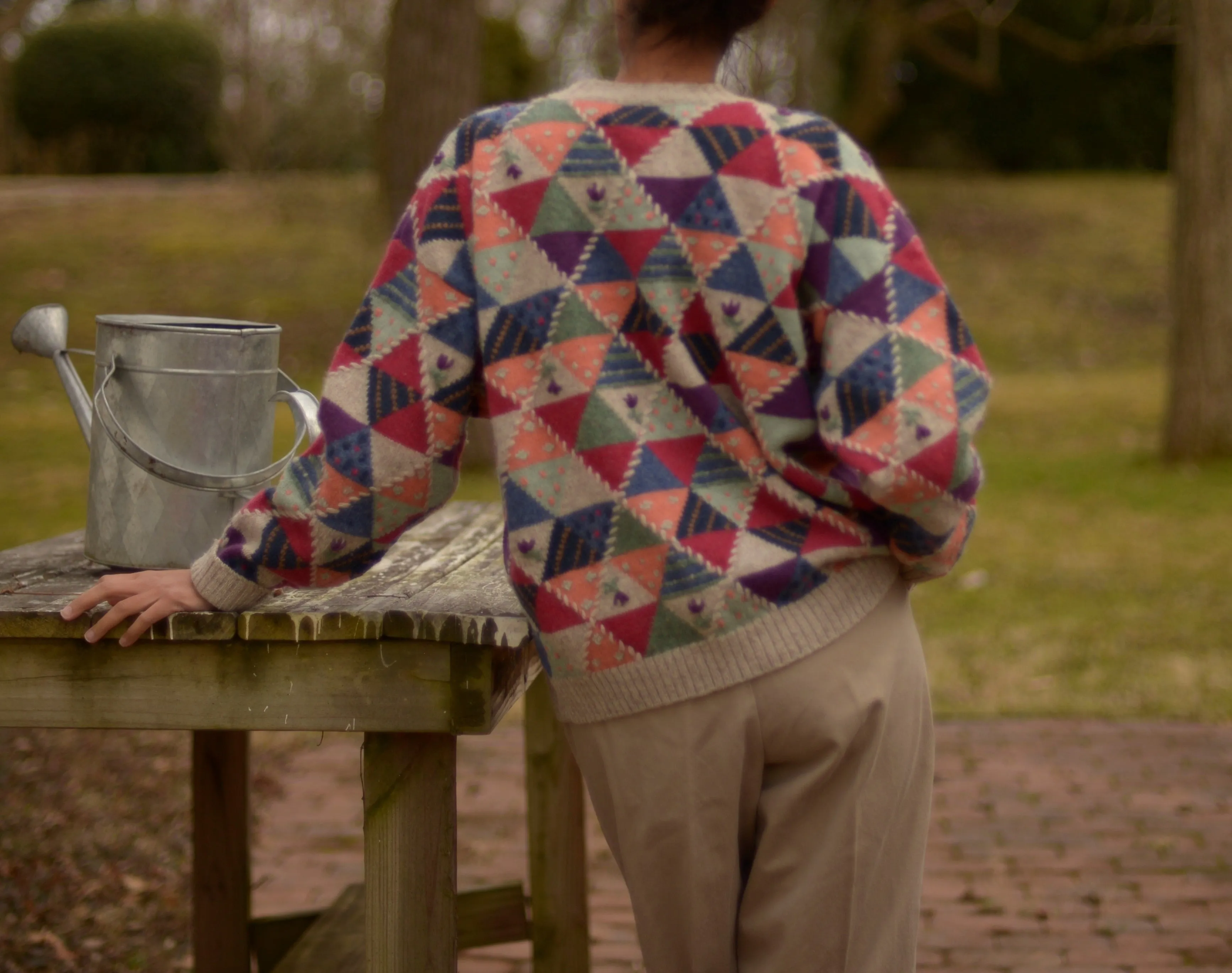 80s wool geometric and floral embroidered cardigan