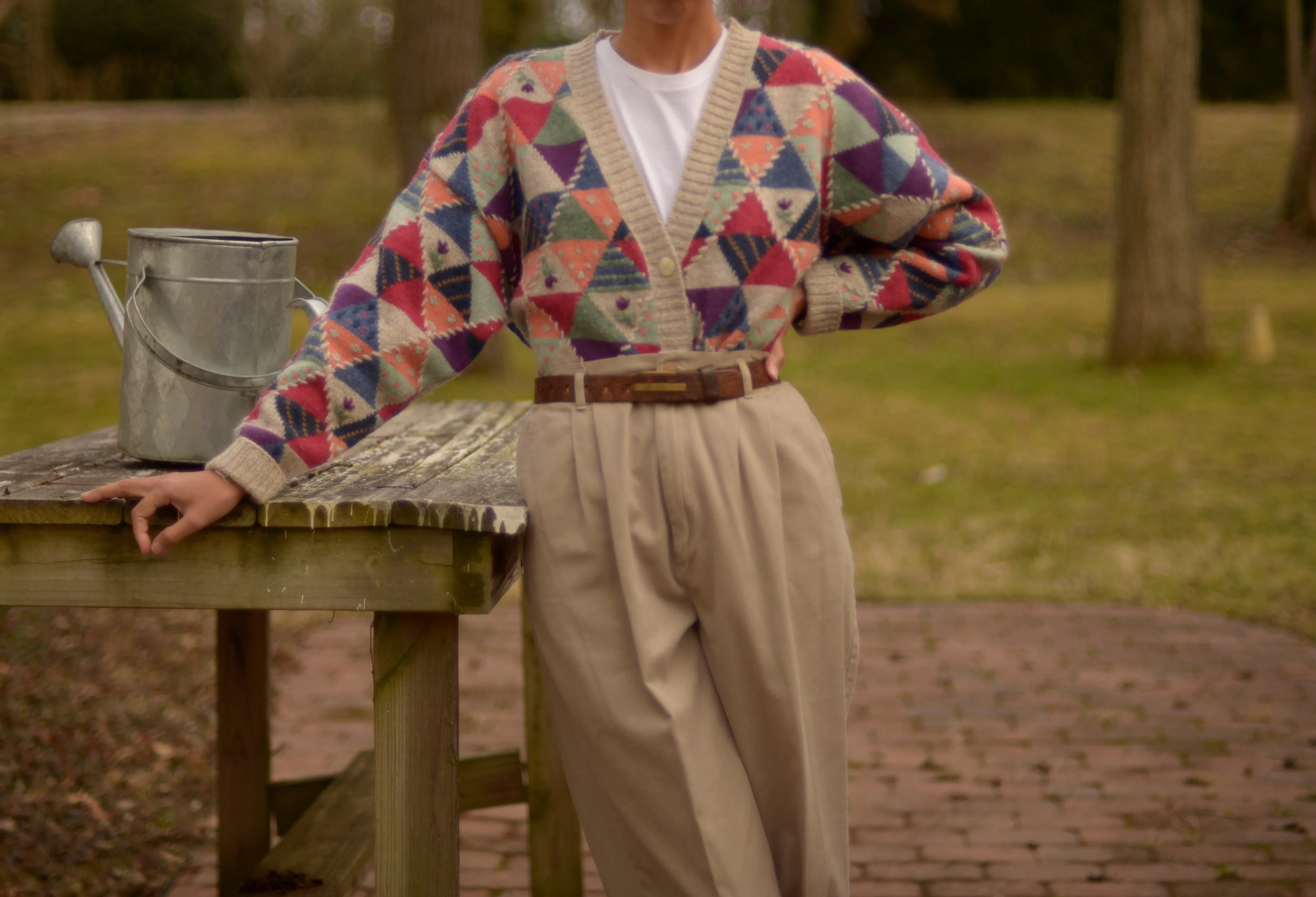 80s wool geometric and floral embroidered cardigan