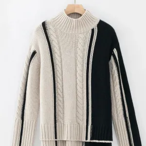 ALEGER No 114 - Cashmere Blend Colour Block Cable Knit - SHELL/BLACK