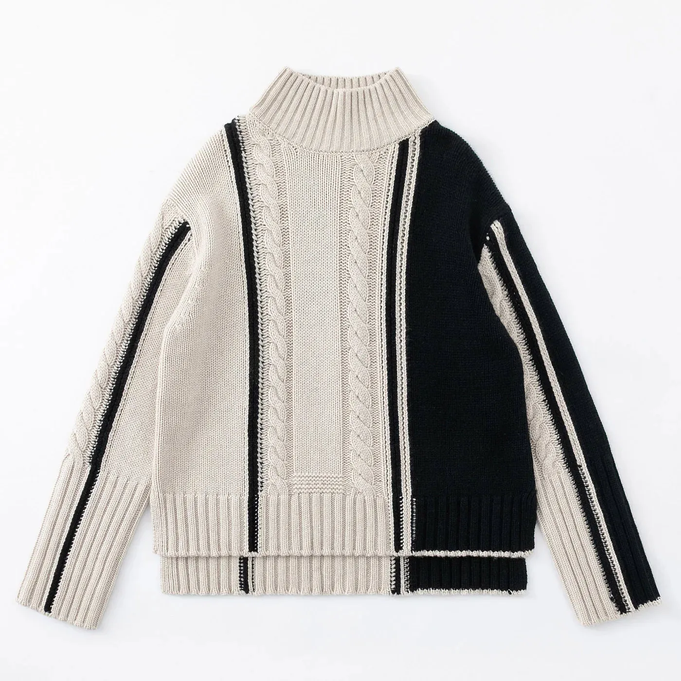 ALEGER No 114 - Cashmere Blend Colour Block Cable Knit - SHELL/BLACK