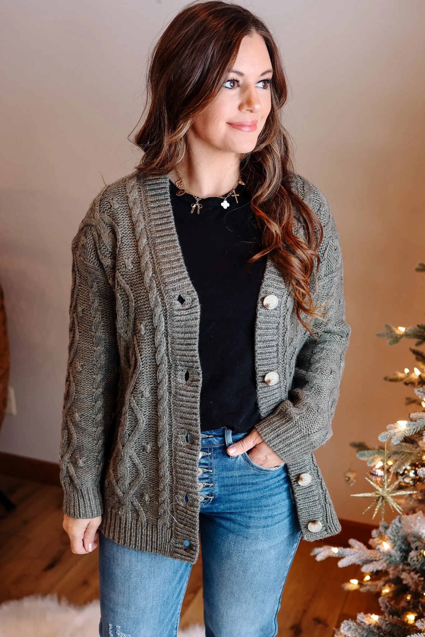 Ava Cable Knit Cardigan - Sage