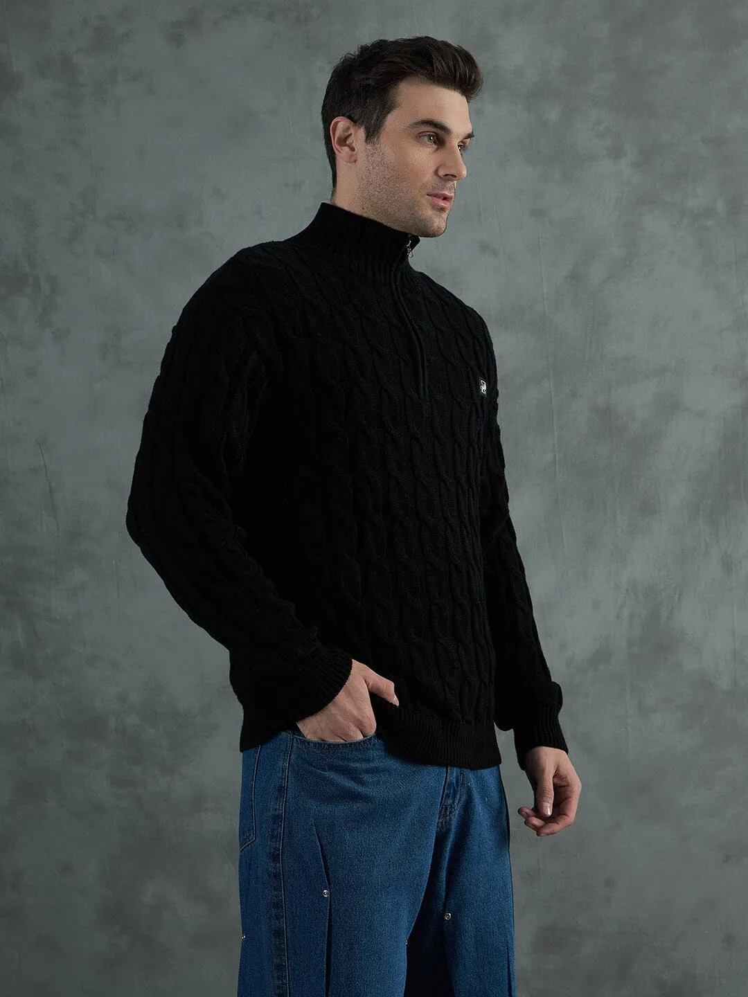 Black Cable Knit Turtle Neck Sweater