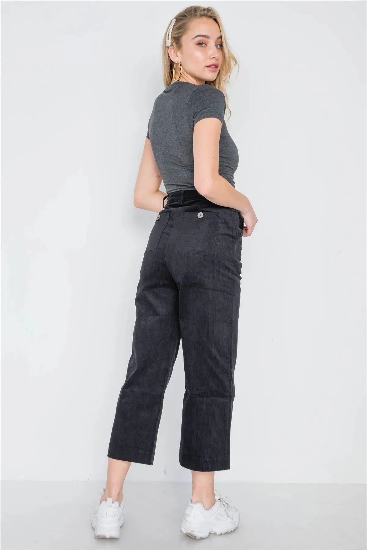 Black Corduroy Wide Leg Cropped Pants /2-1-2