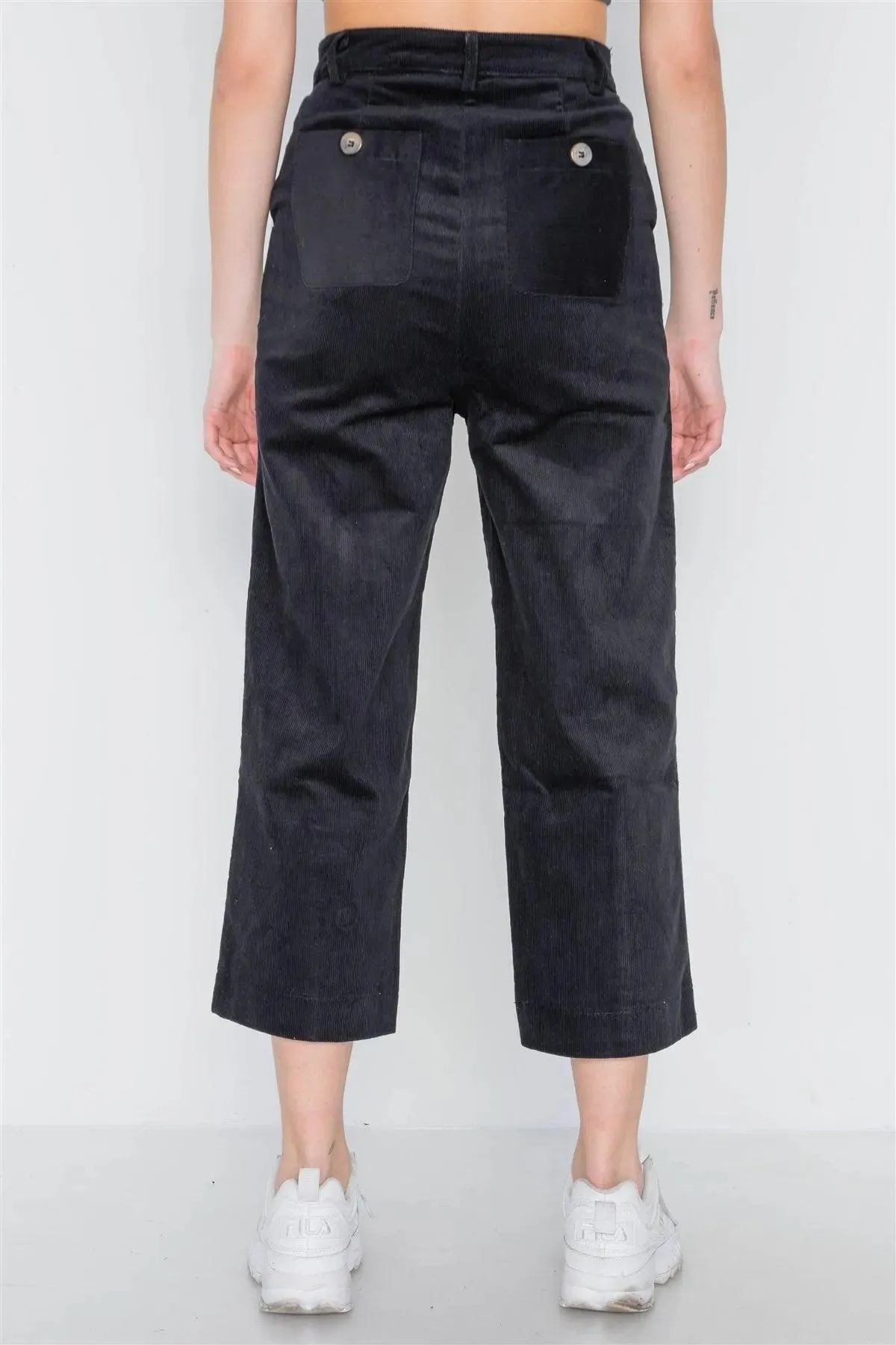 Black Corduroy Wide Leg Cropped Pants /2-1-2