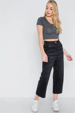 Black Corduroy Wide Leg Cropped Pants /2-2