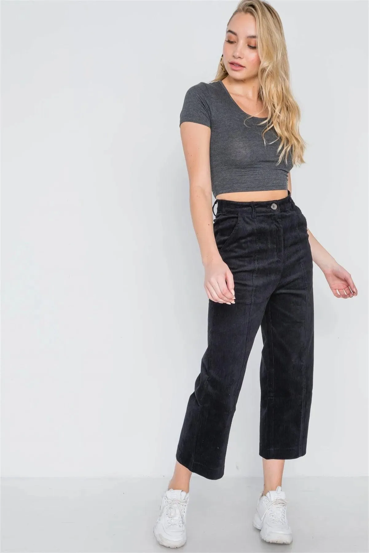 Black Corduroy Wide Leg Cropped Pants /2-2