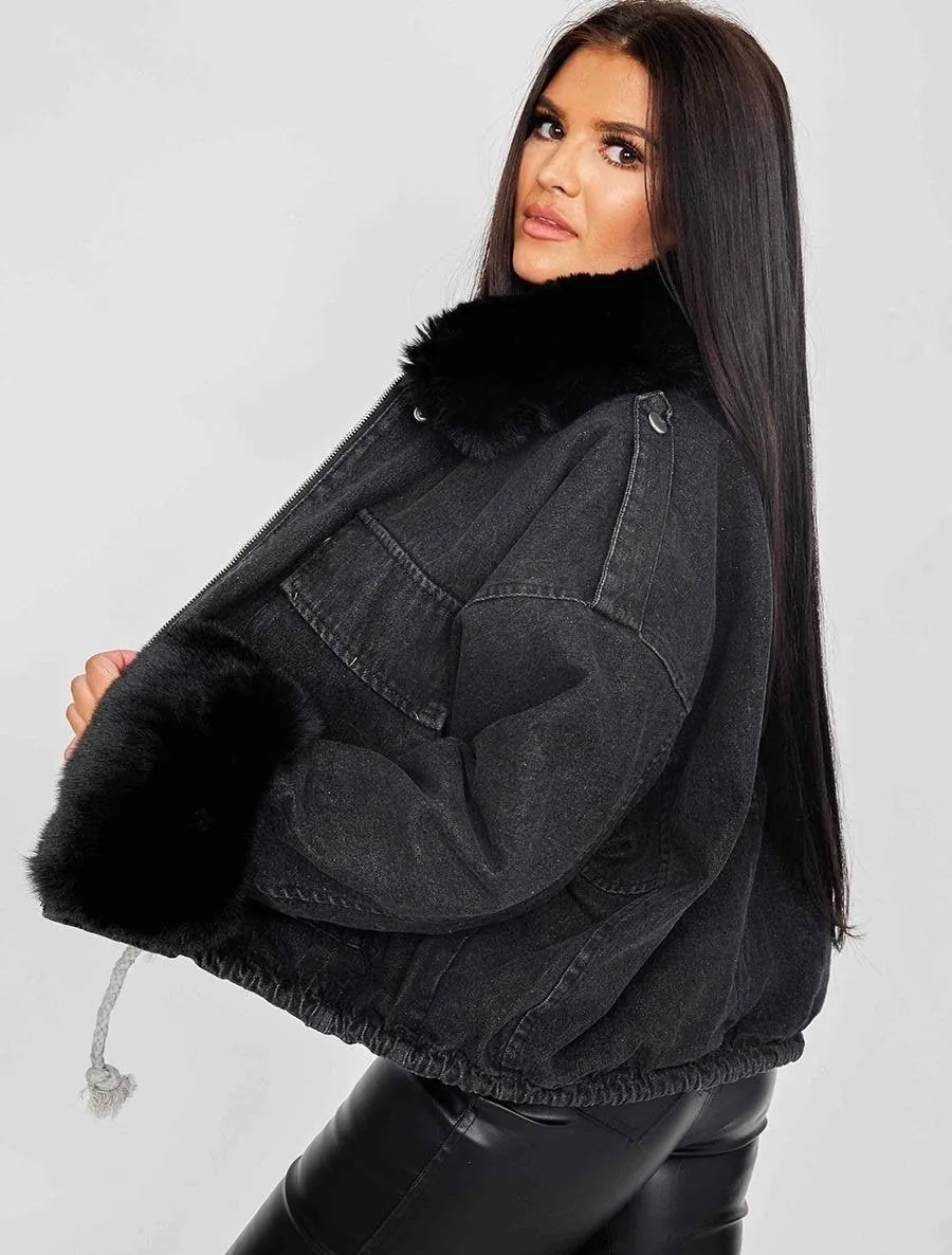 Black Denim Oversized Faux Fur Lined Denim Jacket