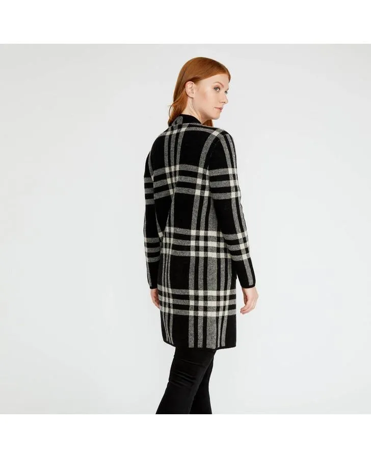 Black/Ivory Boiled Wool Long Check Cardigan