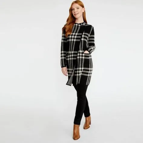 Black/Ivory Boiled Wool Long Check Cardigan