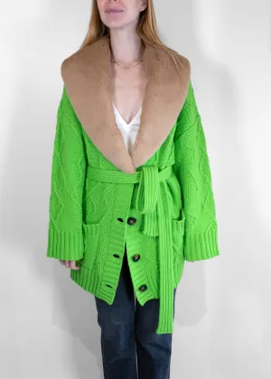 Blumarine Faux Fur-Trimmed Green Wool Cardigan