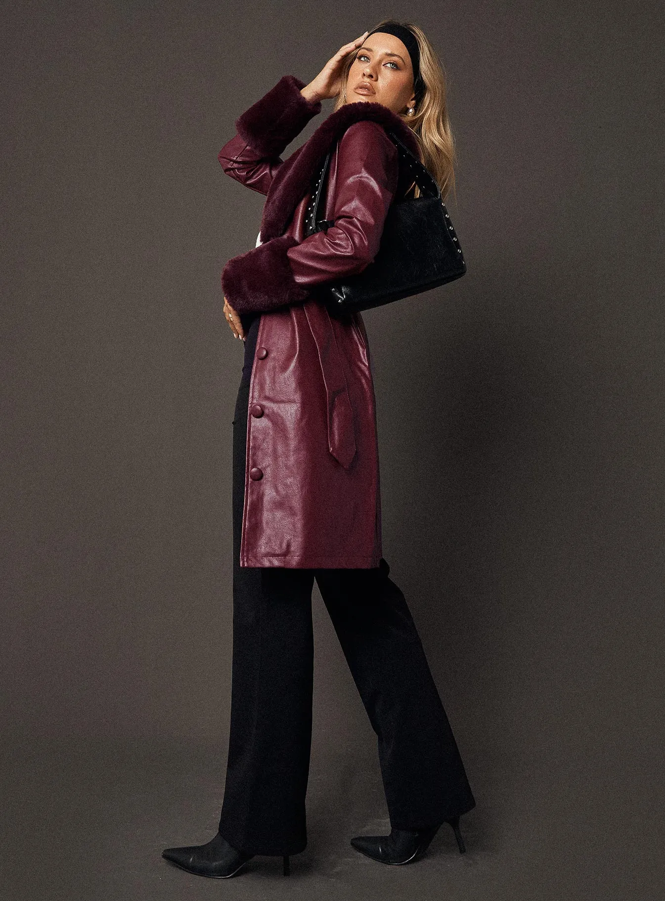 Brooklyn Faux Leather Longline Coat Burgundy