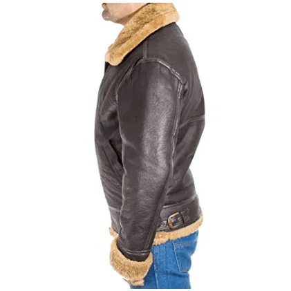 Brown Aviator Faux Fur Leather Jacket for Men