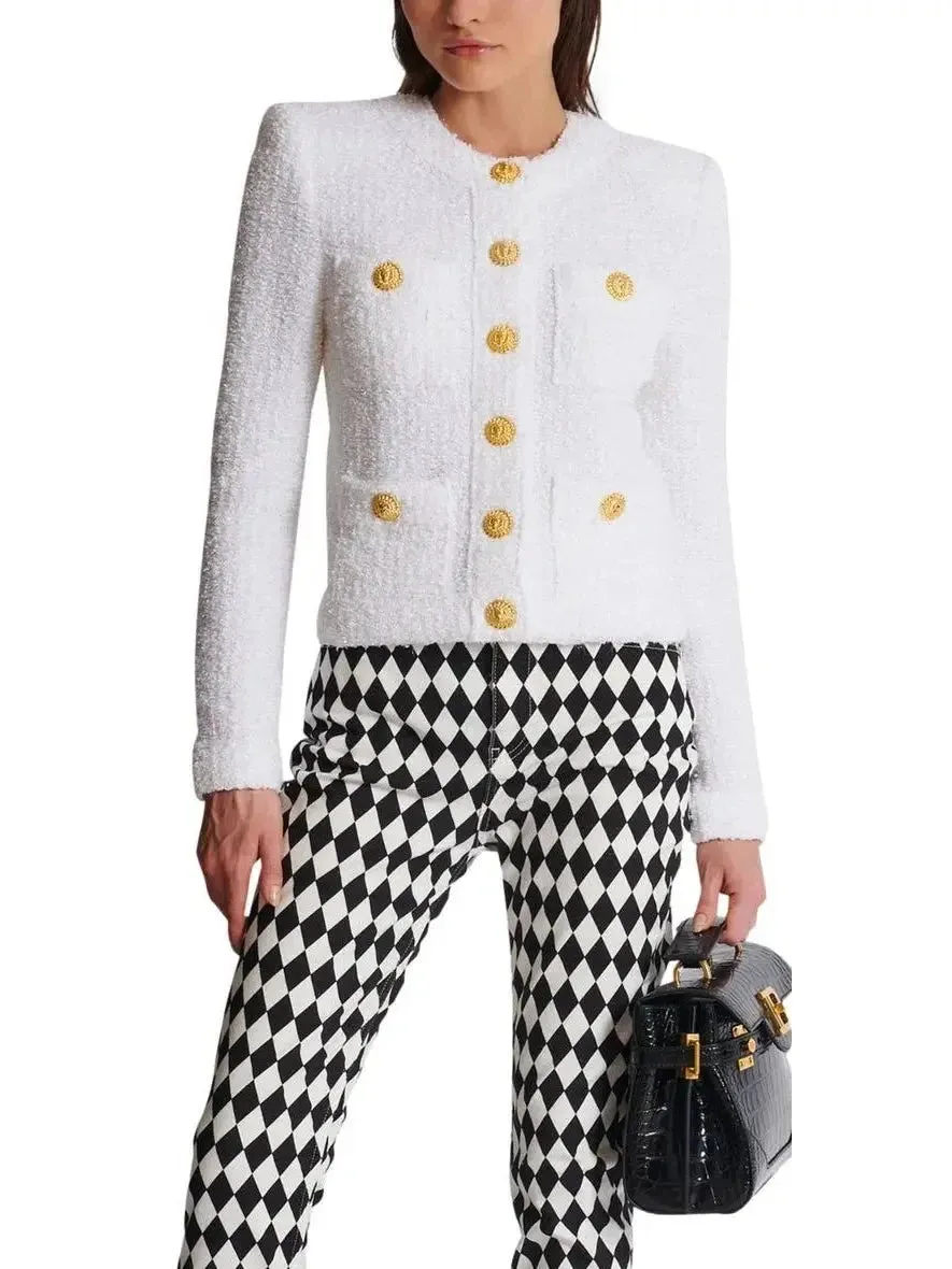 Buttoned Tweed 4-Pocket Cardigan Jacket in White with Matching Mini Skirt