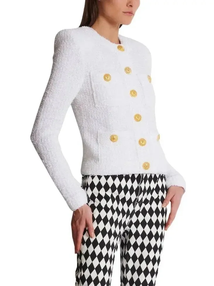 Buttoned Tweed 4-Pocket Cardigan Jacket in White with Matching Mini Skirt