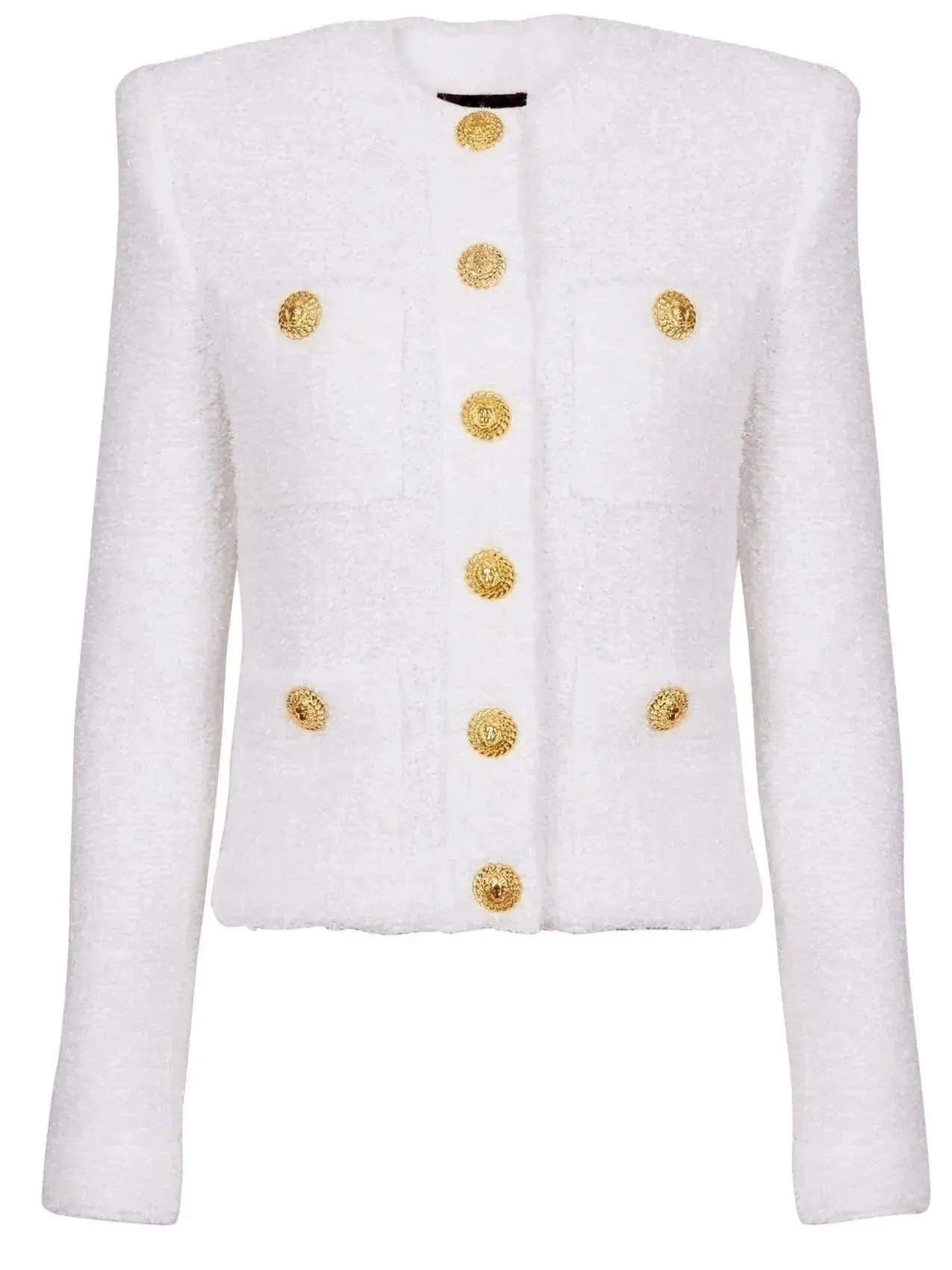 Buttoned Tweed 4-Pocket Cardigan Jacket in White with Matching Mini Skirt