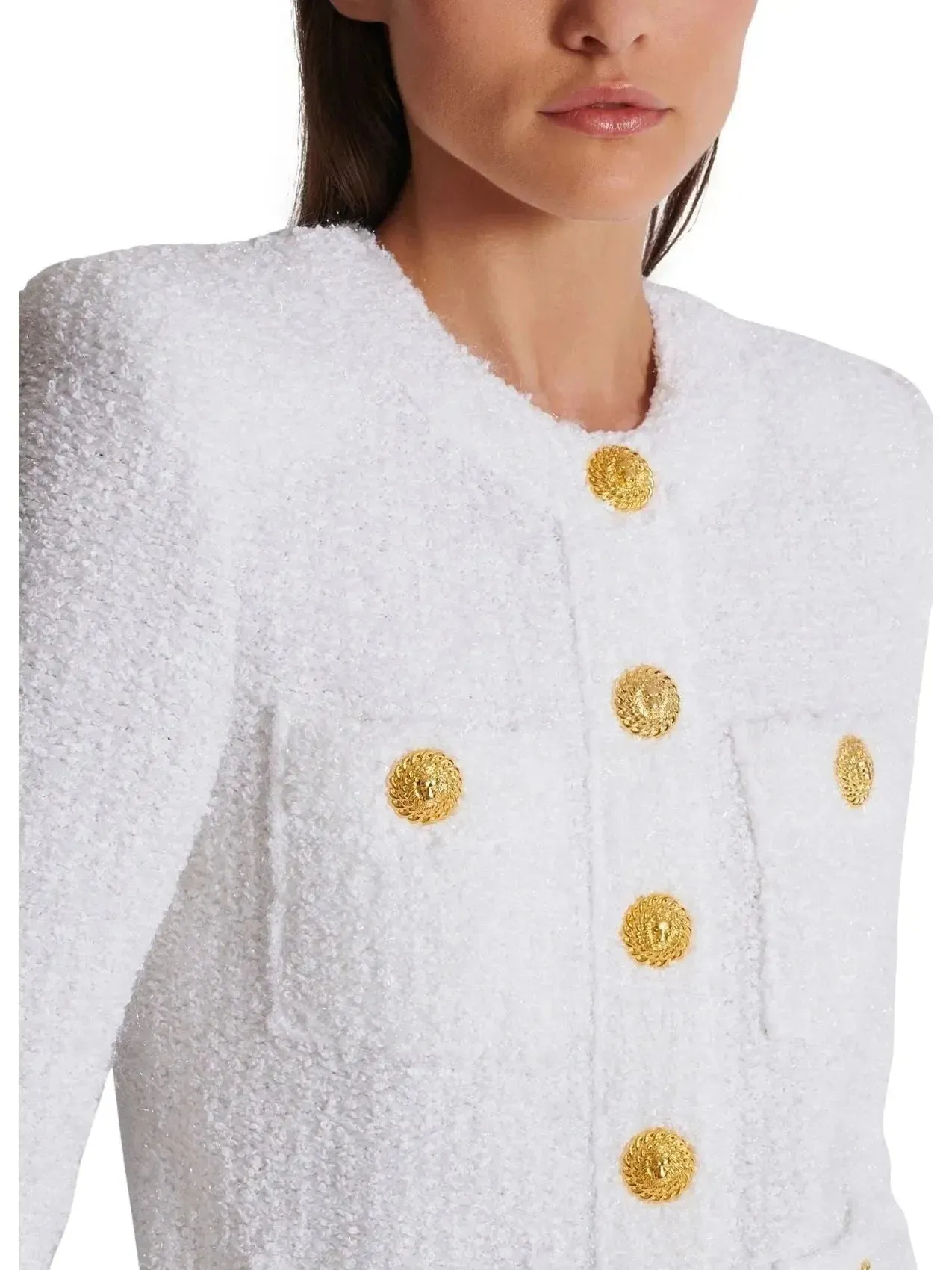 Buttoned Tweed 4-Pocket Cardigan Jacket in White with Matching Mini Skirt