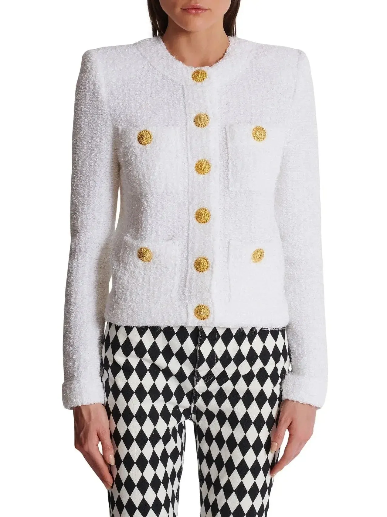 Buttoned Tweed 4-Pocket Cardigan Jacket in White with Matching Mini Skirt