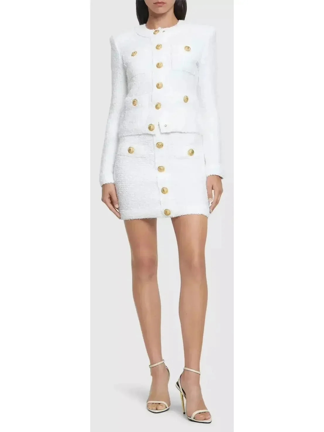 Buttoned Tweed 4-Pocket Cardigan Jacket in White with Matching Mini Skirt