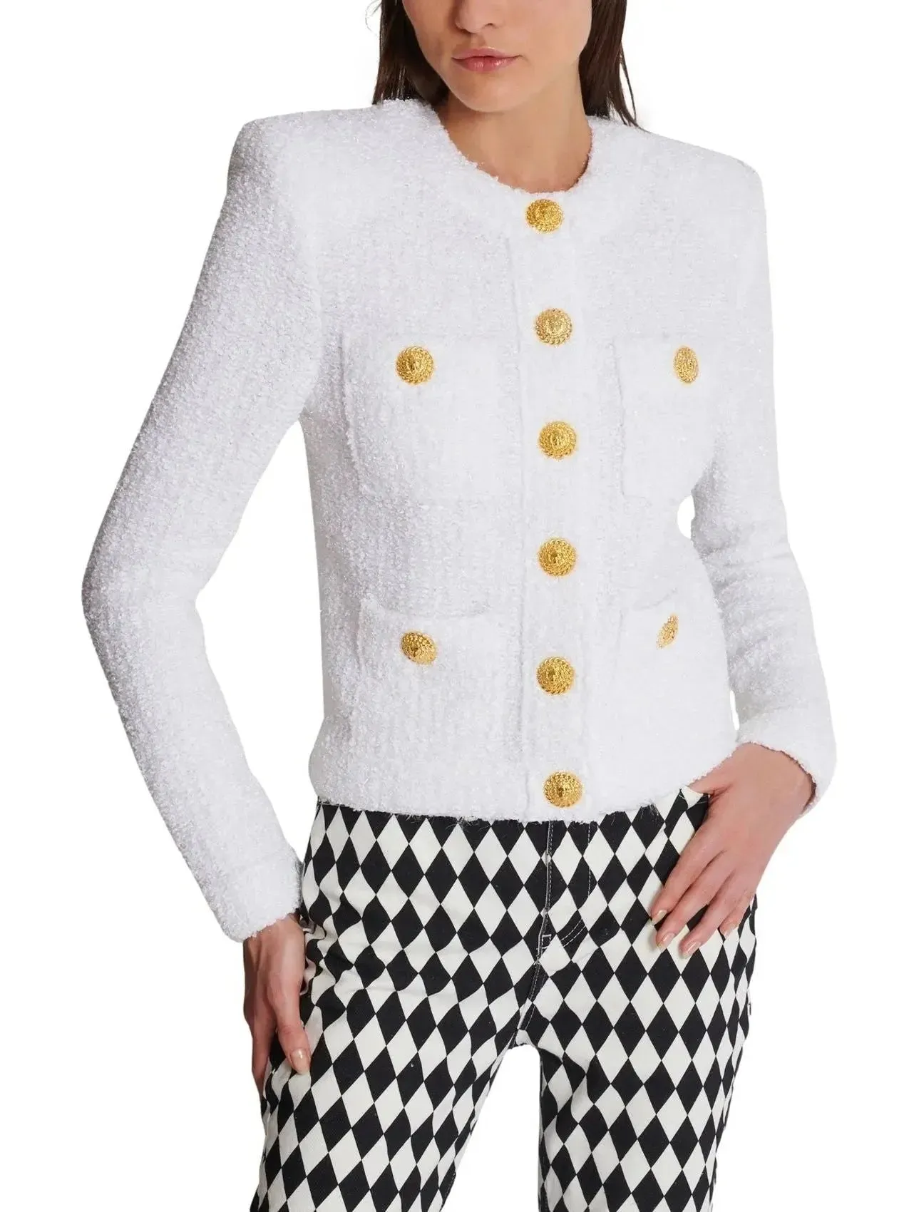 Buttoned Tweed 4-Pocket Cardigan Jacket in White with Matching Mini Skirt