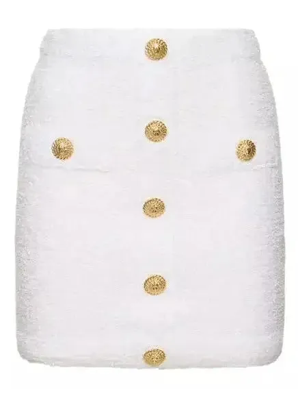 Buttoned Tweed 4-Pocket Cardigan Jacket in White with Matching Mini Skirt