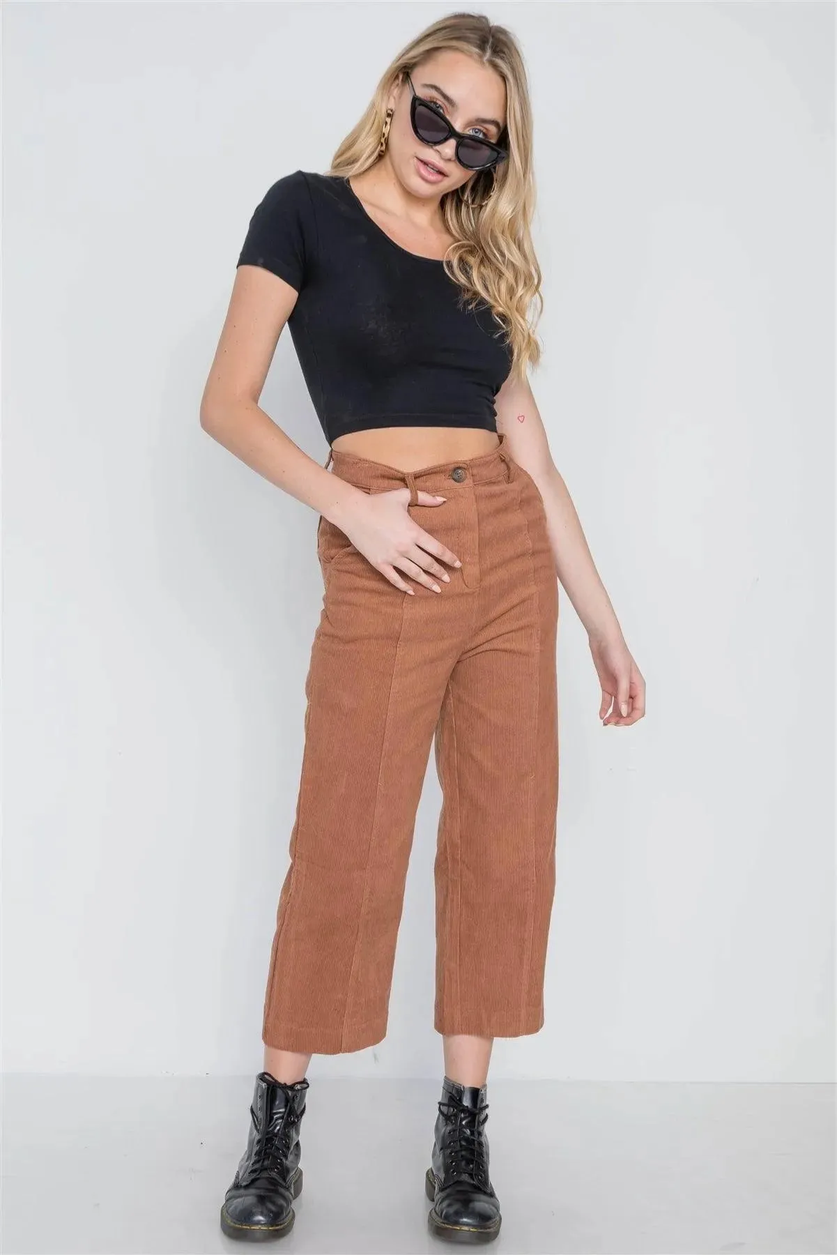 Camel Corduroy Wide Leg Cropped Pants