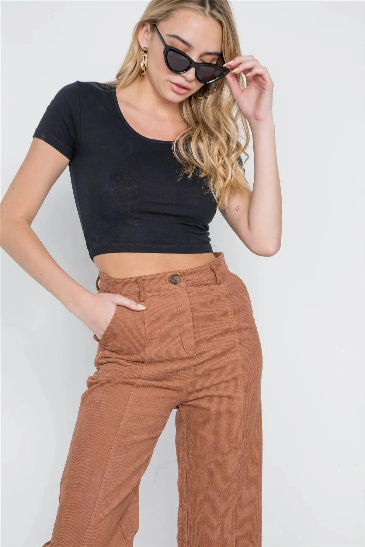 Camel Corduroy Wide Leg Cropped Pants