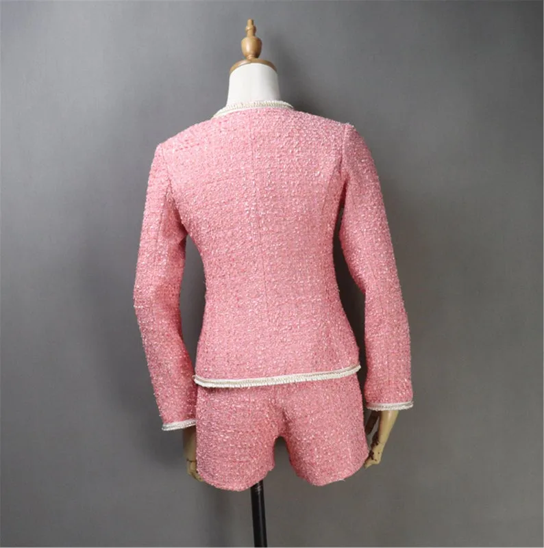 Custom Made Pink Tweed Blazer Coat  Skirt / Shorts Suit for Women