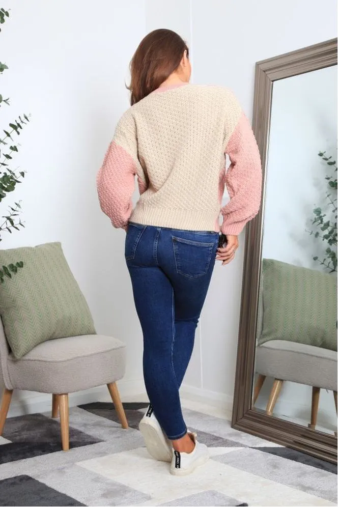 Double Second Pink And Oatmeal Colour Block Cable Knit Jumper