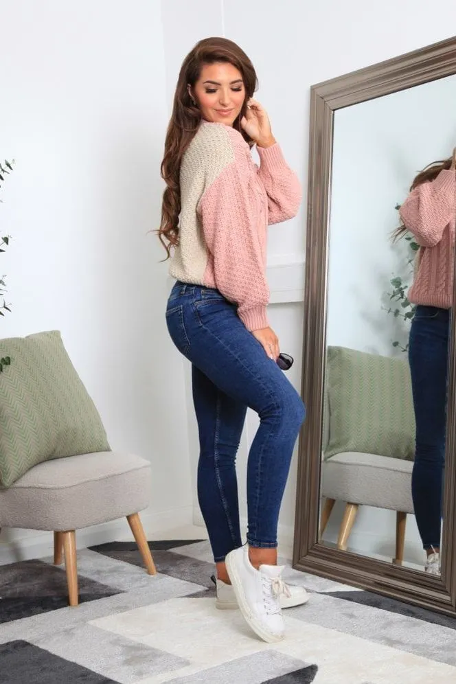 Double Second Pink And Oatmeal Colour Block Cable Knit Jumper