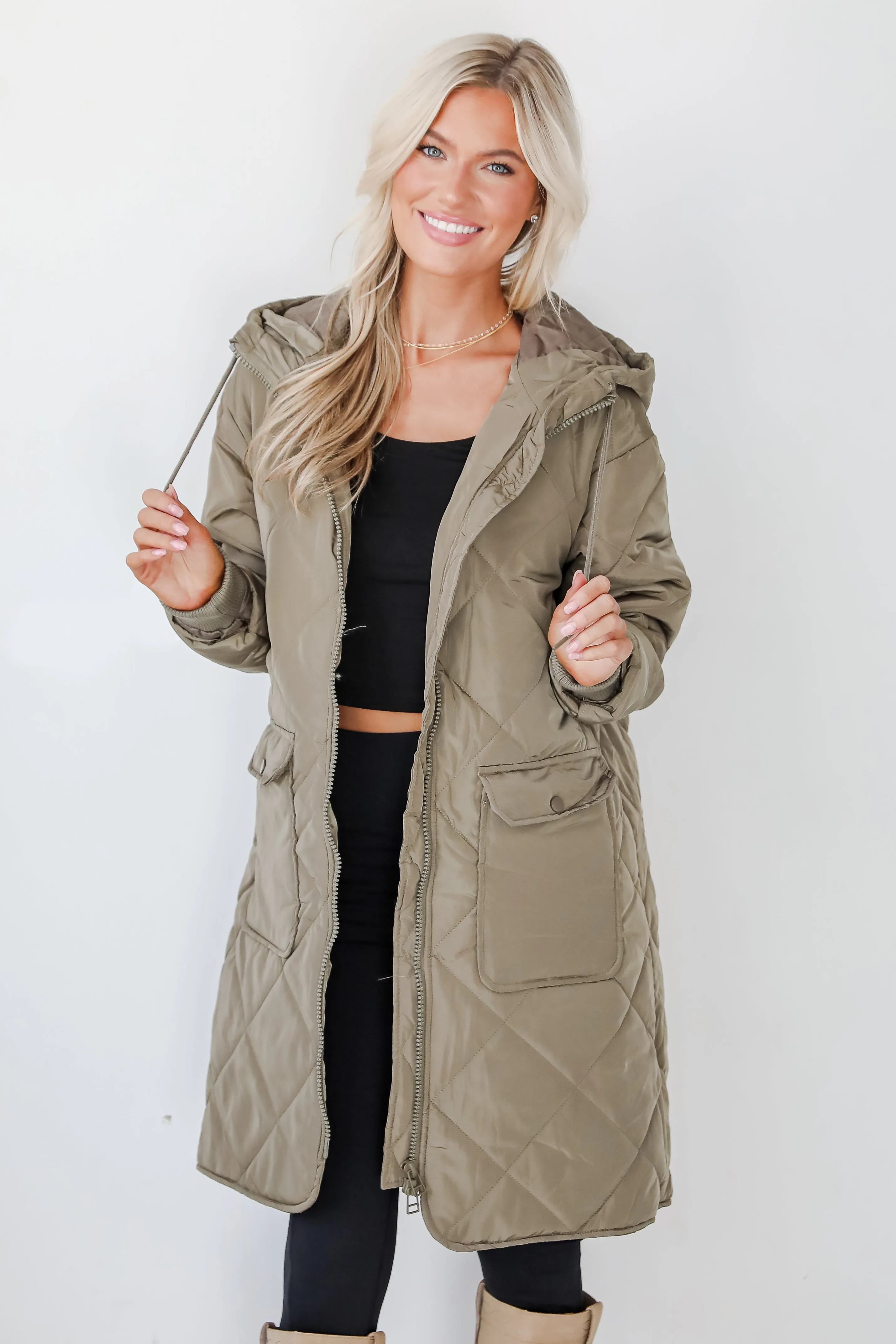 Elevated Season Olive Quilted Longline Hooded Jacket