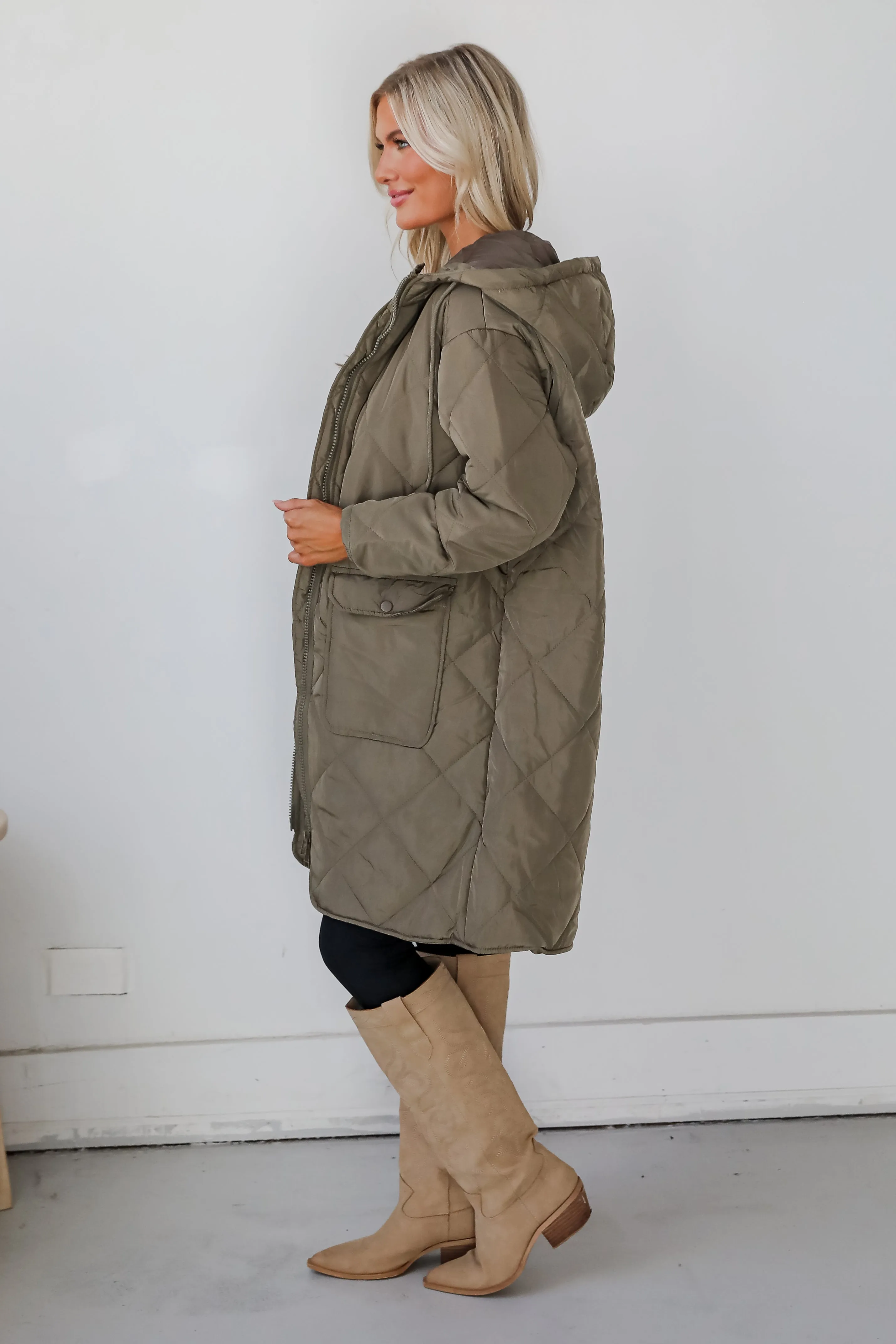 Elevated Season Olive Quilted Longline Hooded Jacket