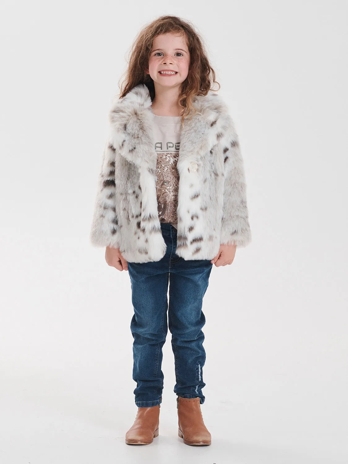 Ena Pelly Minimalist Faux Fur Jacket - Stone Snow Leopard