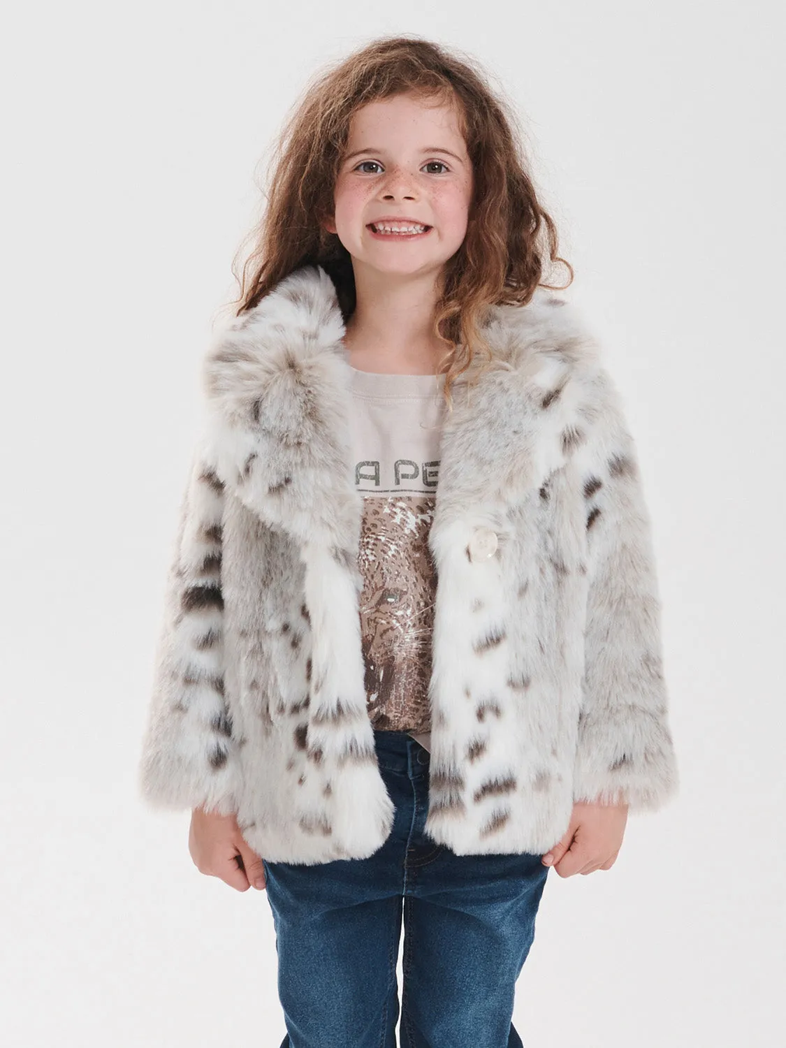 Ena Pelly Minimalist Faux Fur Jacket - Stone Snow Leopard