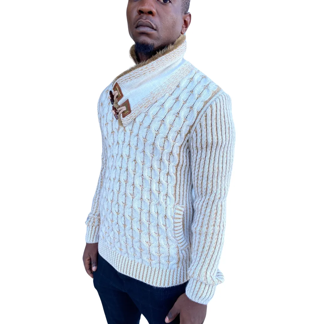 [Ezra] Cream Men's Shawl Collar Sweater with Buckles and Leather Buttons