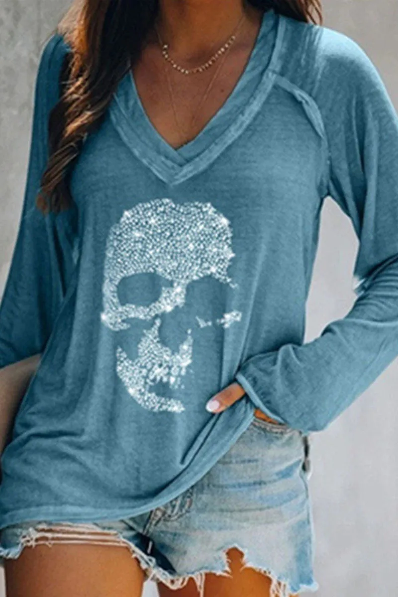 Fashion Casual Print Patchwork V Neck T-Shirts