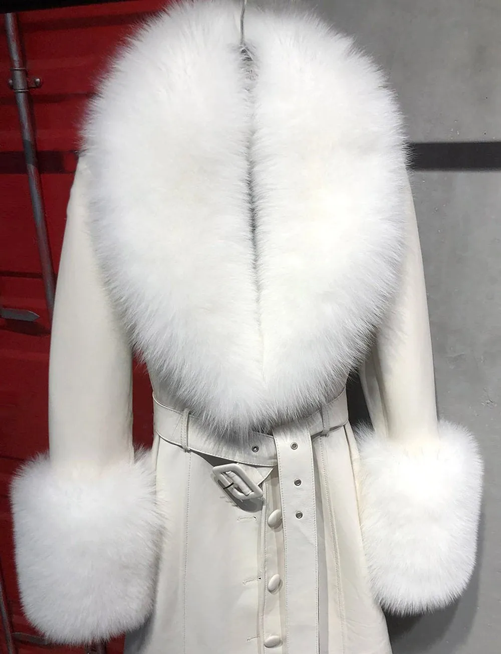 Faux Fur Genuine Leather Coat In White