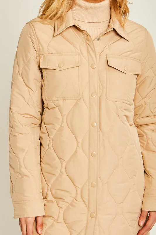 Khaki Diamond Quilted Long Line Shacket