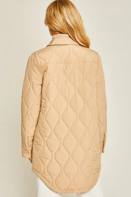 Khaki Diamond Quilted Long Line Shacket