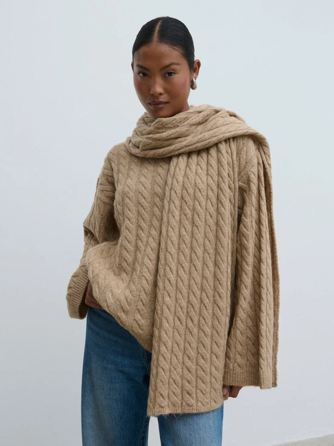 Palmer Cable Knit Jumper with Scarf - Dark Biscuit