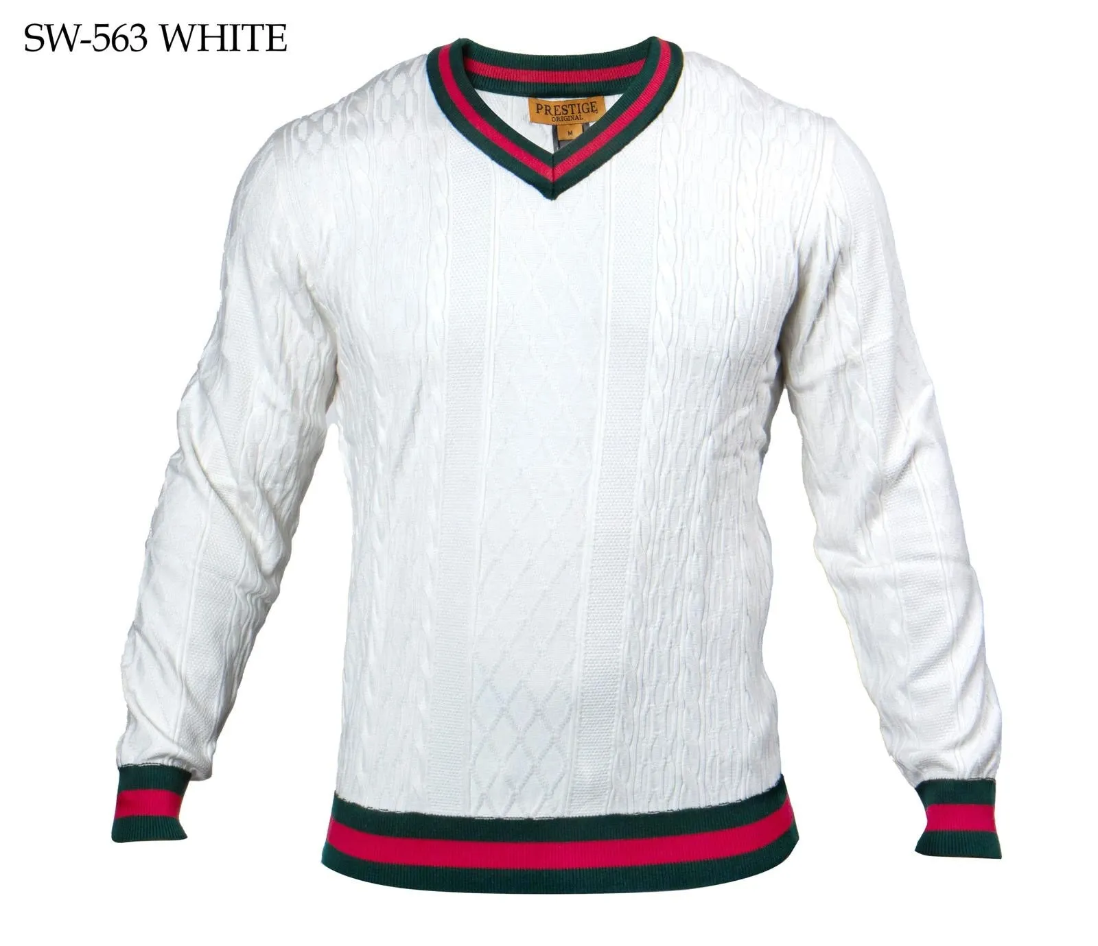 Prestige White Men's V-Neck Luxury Pullover Sweaters Green and Red stripes SW-563