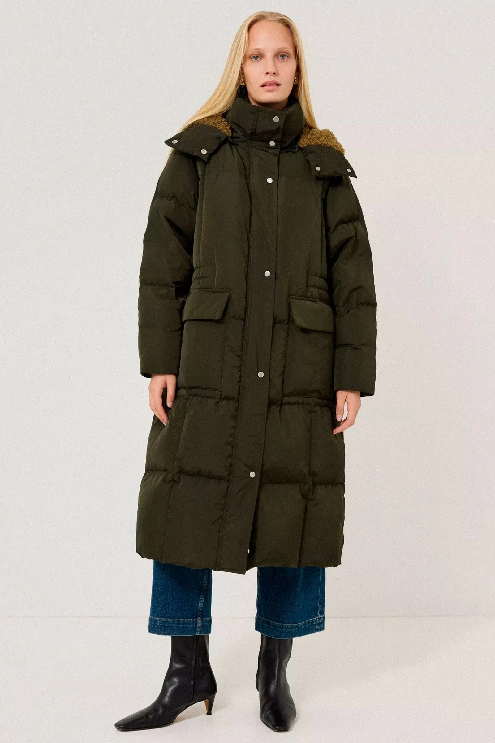 Rela Longline Puffer Coat, Dark Kale