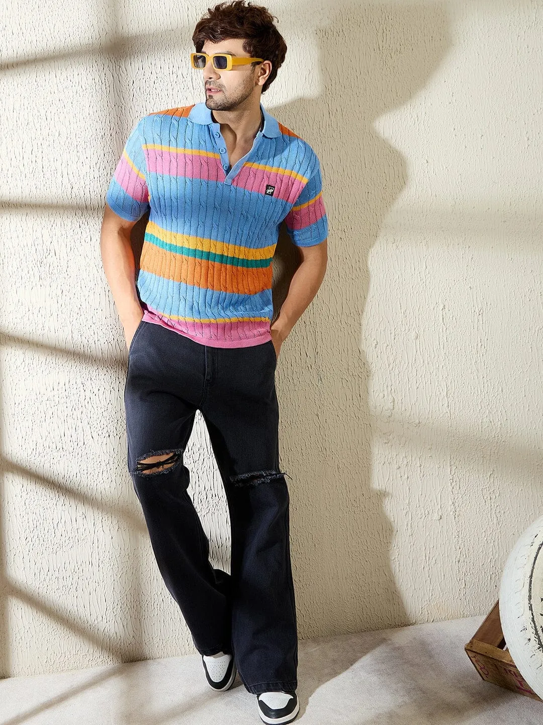 Sky Striped Cable Knit Polo Tshirt