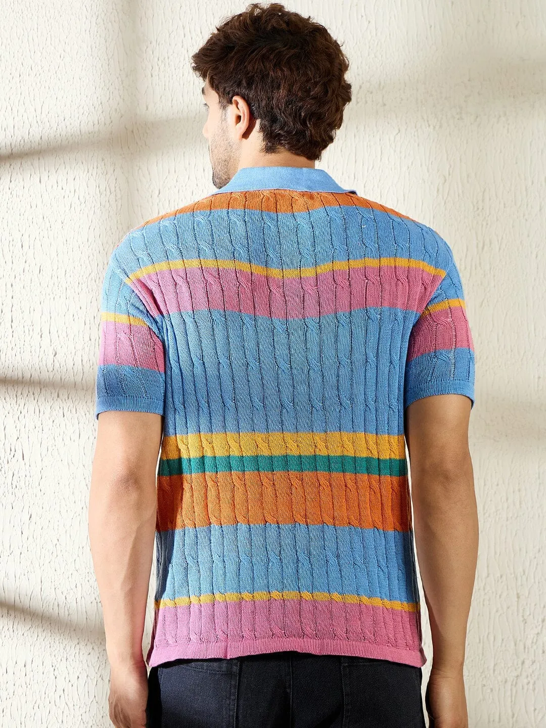 Sky Striped Cable Knit Polo Tshirt