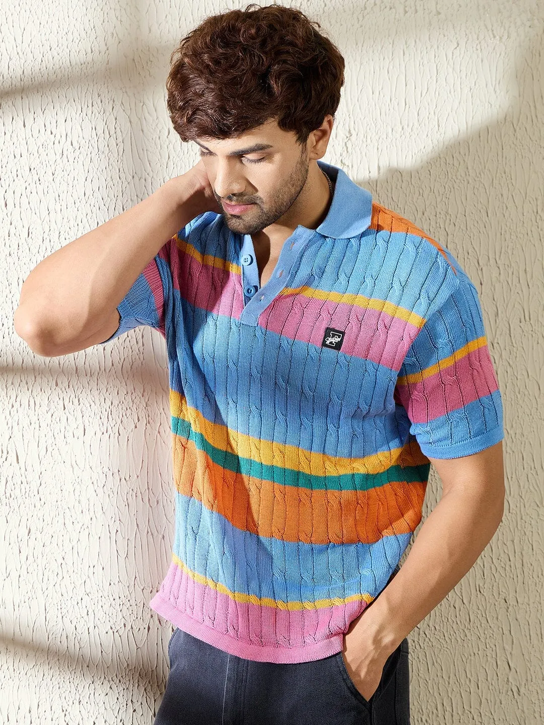 Sky Striped Cable Knit Polo Tshirt