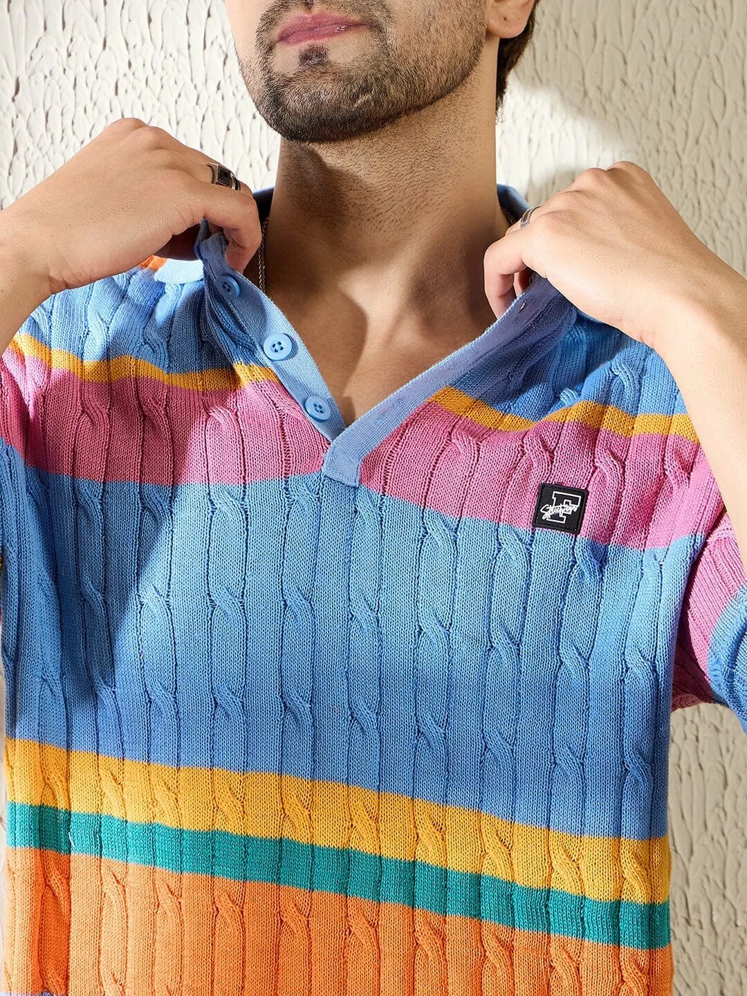 Sky Striped Cable Knit Polo Tshirt