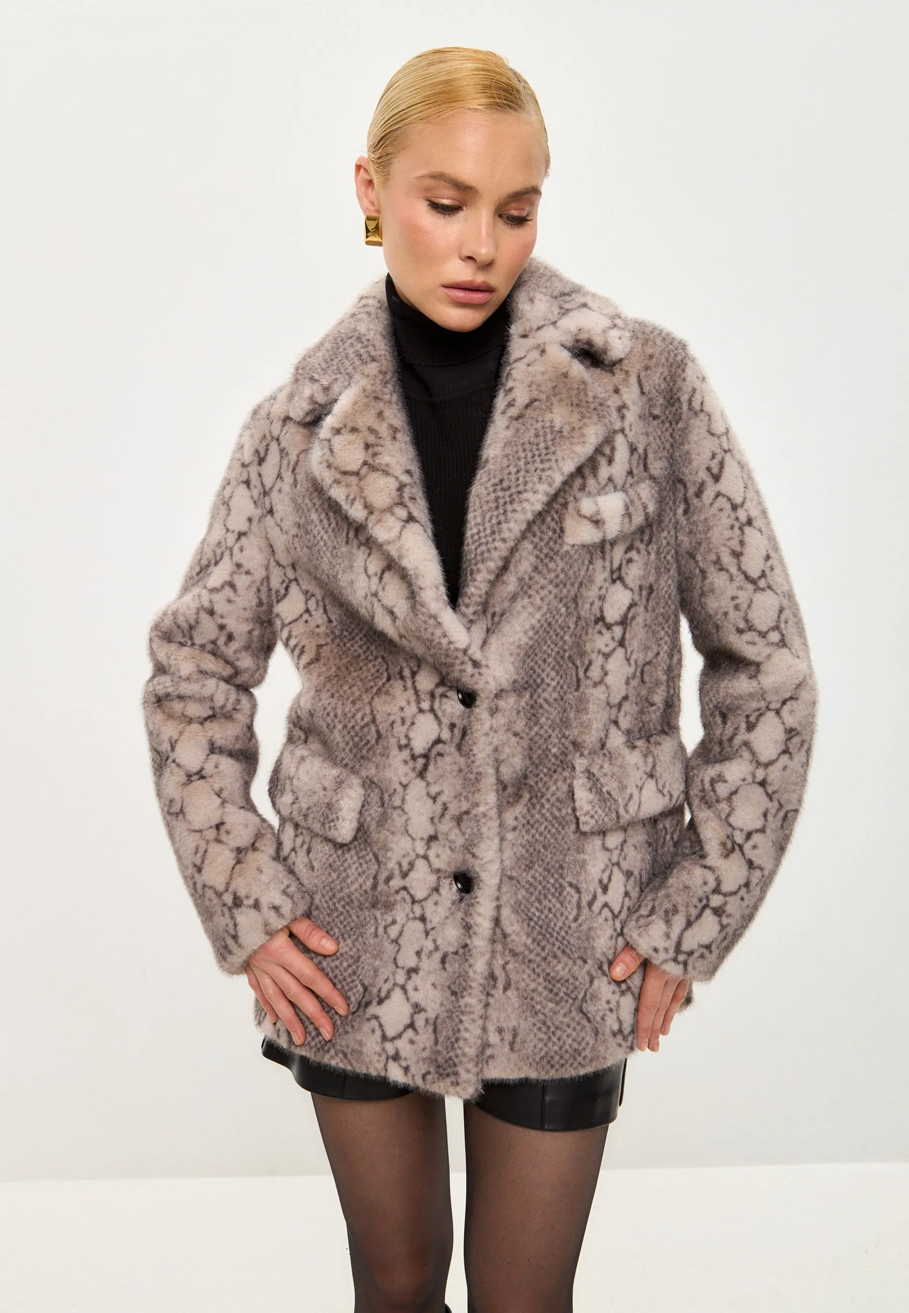 Stylish Beige Snake Print Faux Fur Coat Niuvis - Beige